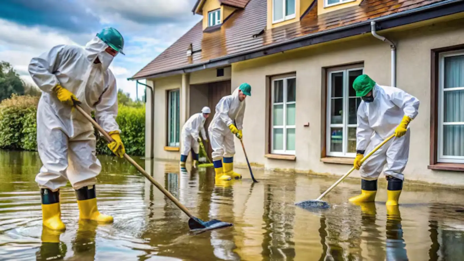 Crew in protective suits and yellow boots squeegeeing floodwater outside a house
