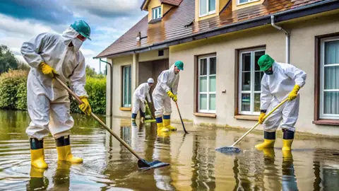 Crew in protective suits and yellow boots squeegeeing floodwater outside a house