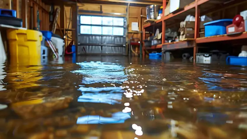 Flooded garage with shelving and storage bins above standing water
