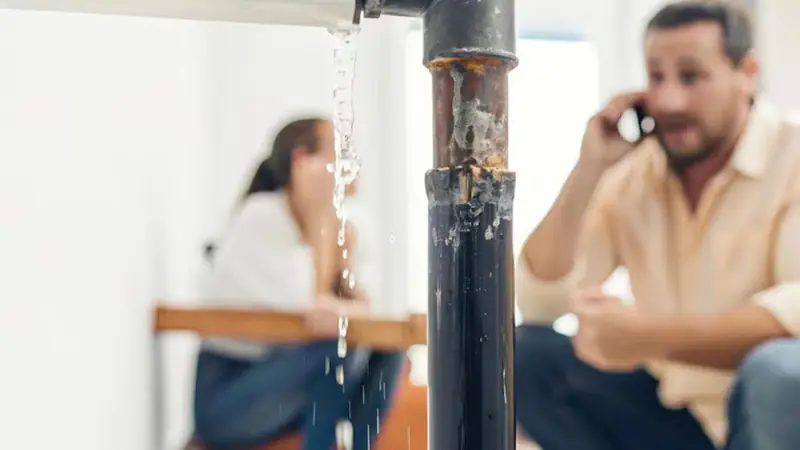 Two people beside a leaking pipe, one of them calling for help on the phone