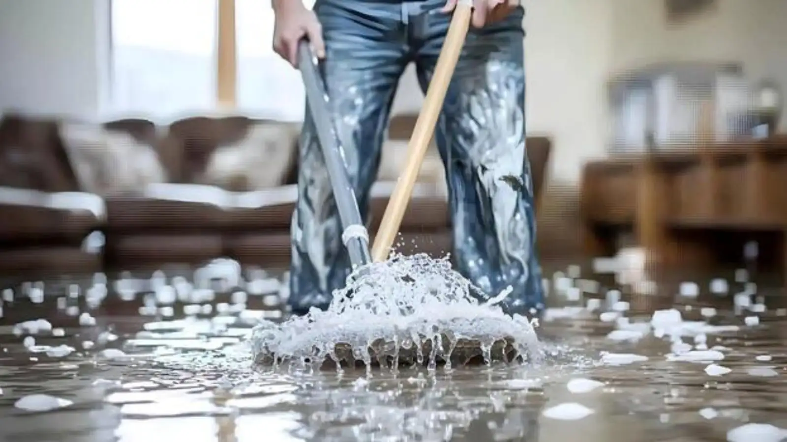 Person in boots mopping a wet living room floor