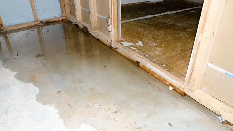 Opened wall framing beside a wet concrete floor after flooding