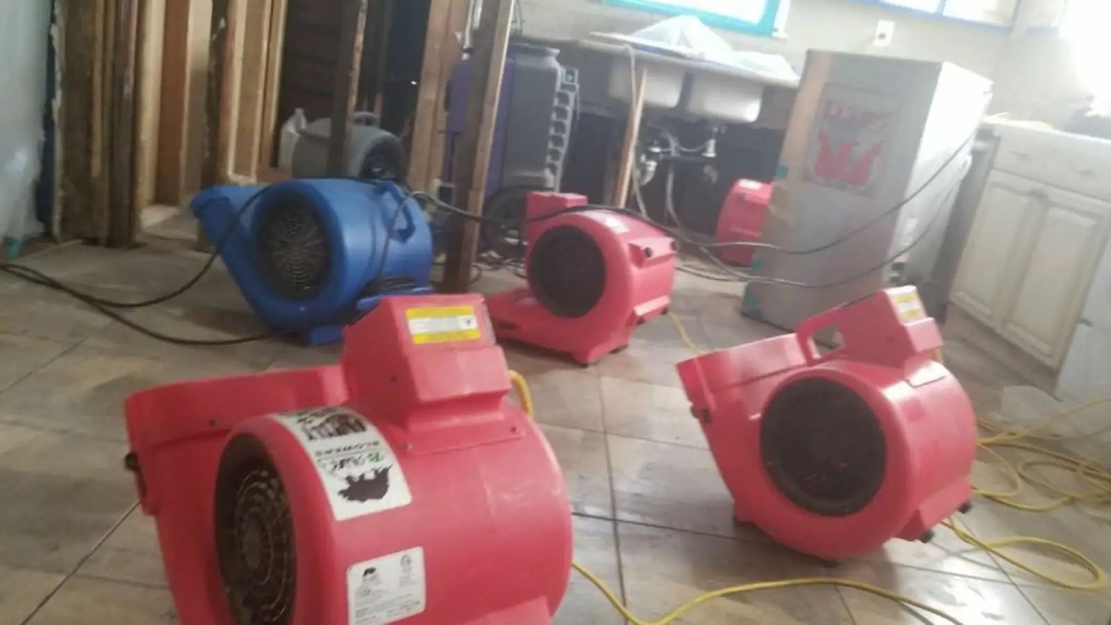 Red and blue air movers drying a tile floor