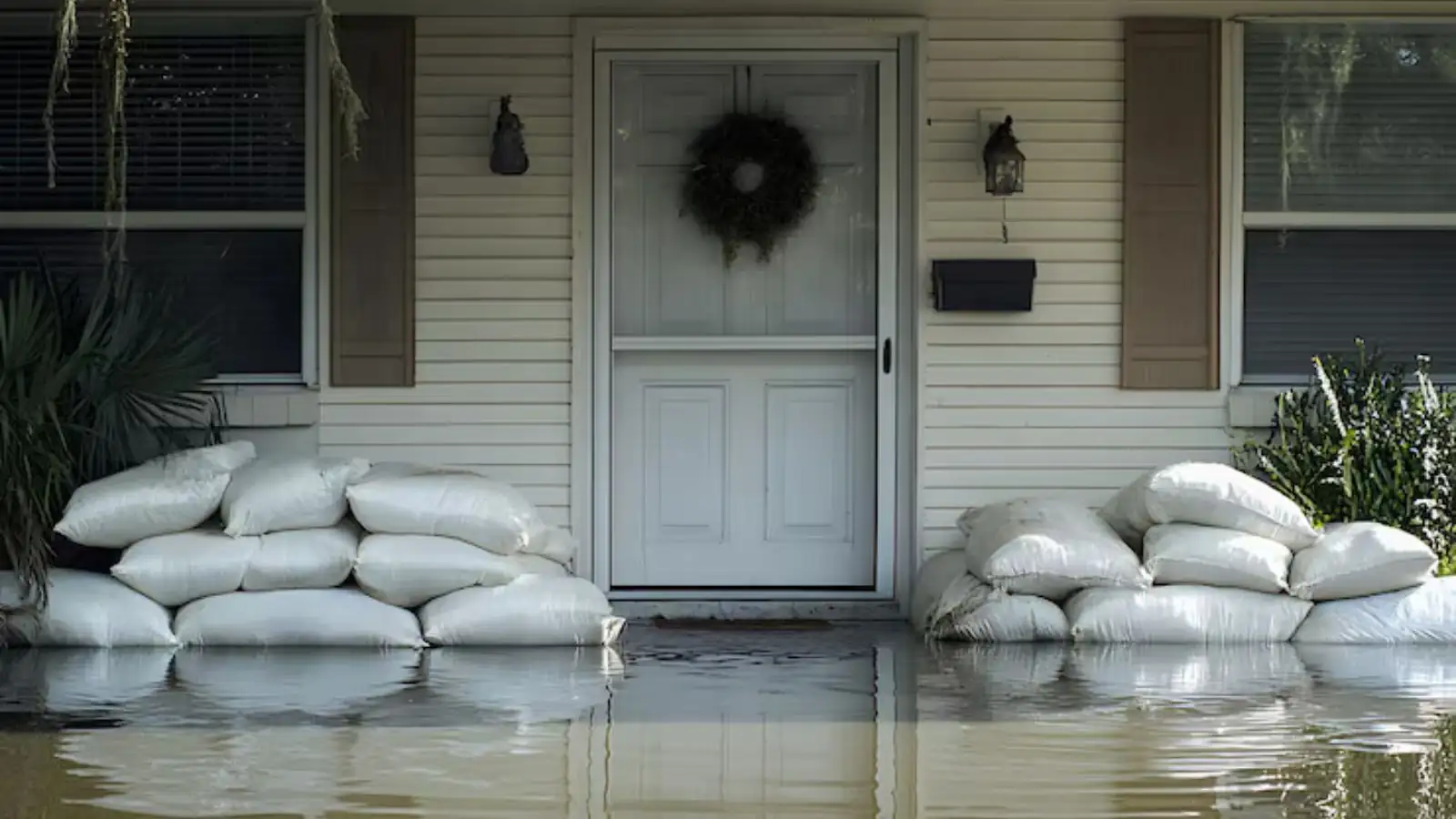 Sandbags stacked at the front door of a house with floodwater on the ground