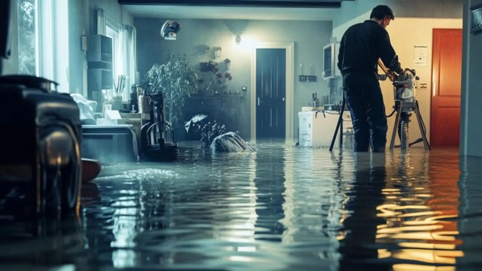 Technician operating equipment in a room with standing water on the floor