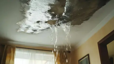 Water leaking through a ceiling and dripping into a room